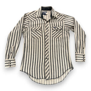 Vintage Wrangler Western Shirt Adult MEDIUM Gray White Striped Flannel USA 80s